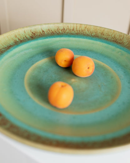 XL Studio Ceramic Bowl Organic Form Green Turquoise Gradient Glaze Mid Century Denmark 1970s Vintage