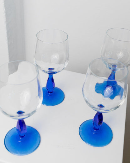 4 wine glasses from Italy 1980s set of 2 drinking glasses royal blue elegant design, high quality MCM Vintage