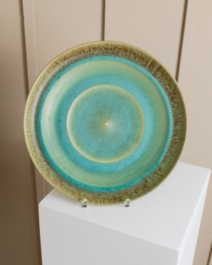 XL Studio Ceramic Bowl Organic Form Green Turquoise Gradient Glaze Mid Century Denmark 1970s Vintage