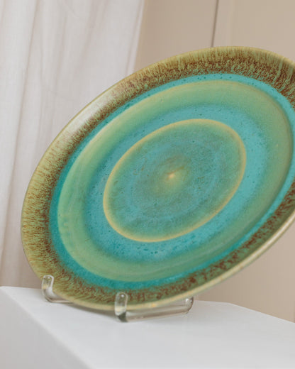 XL Studio Ceramic Bowl Organic Form Green Turquoise Gradient Glaze Mid Century Denmark 1970s Vintage