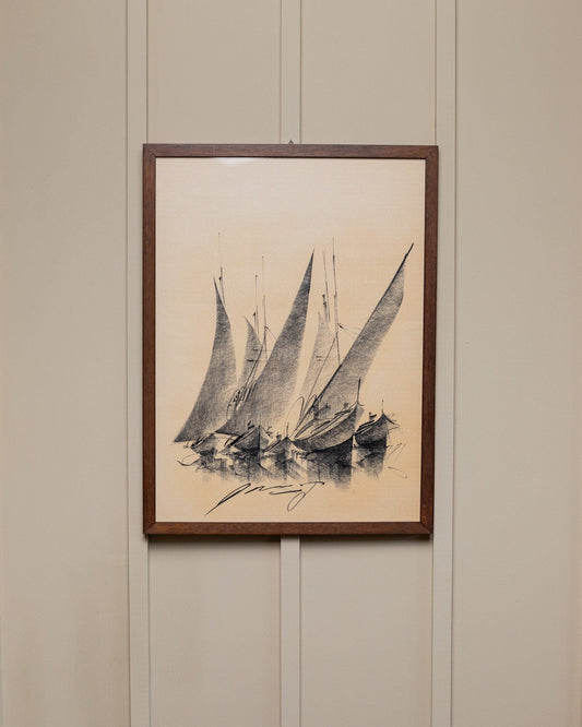 Original drawing Italy 1960s charcoal on paper sailing boats, abstract lines in wooden frame Mid Century Vintage