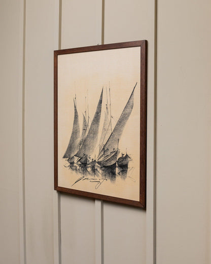 Original drawing Italy 1960s charcoal on paper sailing boats, abstract lines in wooden frame Mid Century Vintage