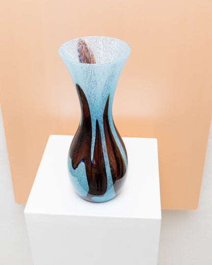 Vase XL en verre de Murano bleu clair et marron décoration de table design milieu du siècle Italie années 1970 vintage