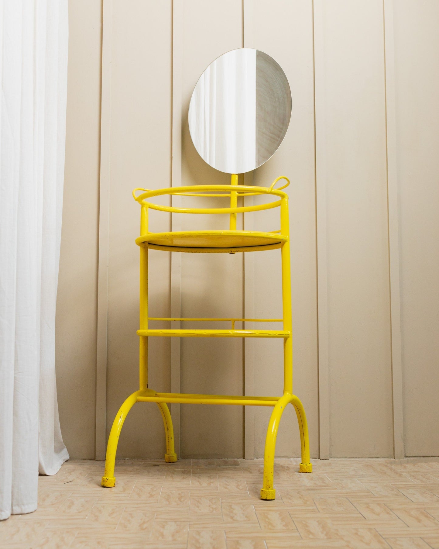 Metal side table with mirror 1960s multifunctional yellow shelf from Italy Vintage