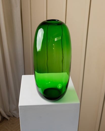 Vase XXL verre vert série Stockholm années 1990 Maria Vinka pour Ikea ovale design vintage milieu du siècle