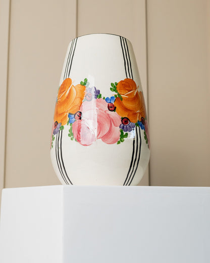 XL Zeh Scherzer vase en céramique fleur et motif à rayures forme bulbeuse peinte à la main design du milieu du siècle années 70 vintage