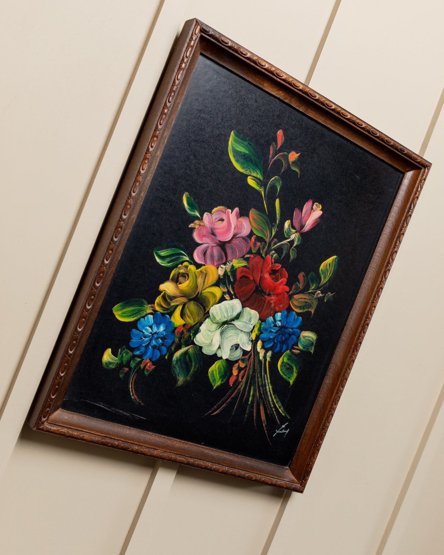 Original painting oil painting bouquet of flowers dramatic colors in original wooden frame Italy 1960s vintage