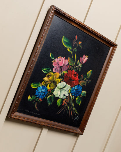 Original painting oil painting bouquet of flowers dramatic colors in original wooden frame Italy 1960s vintage