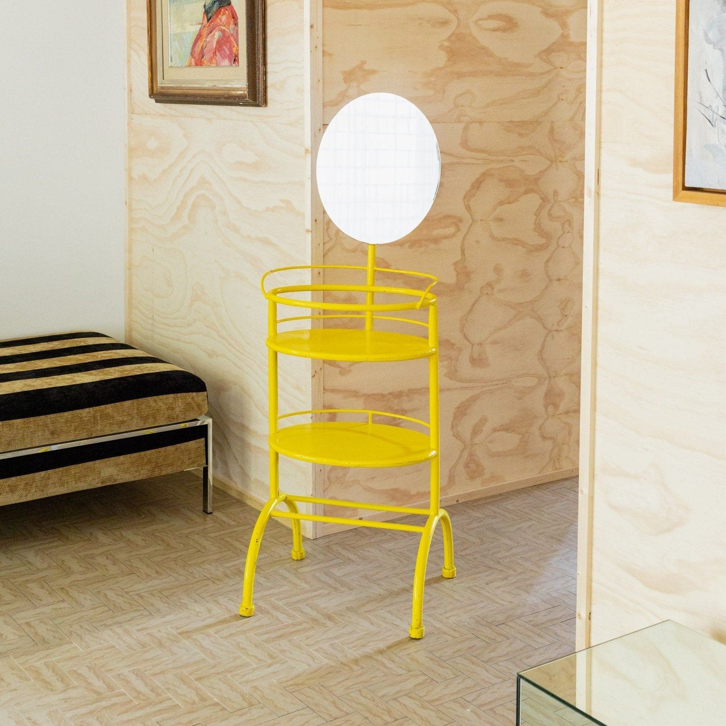 Metal side table with mirror 1960s multifunctional yellow shelf from Italy Vintage