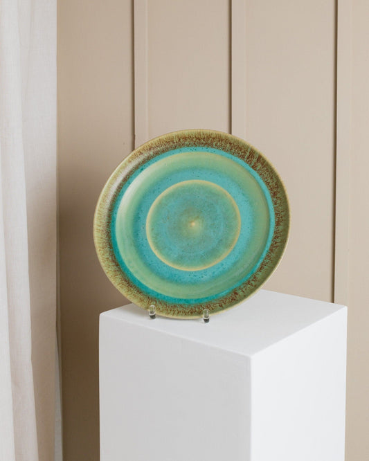 XL Studio Ceramic Bowl Organic Form Green Turquoise Gradient Glaze Mid Century Denmark 1970s Vintage