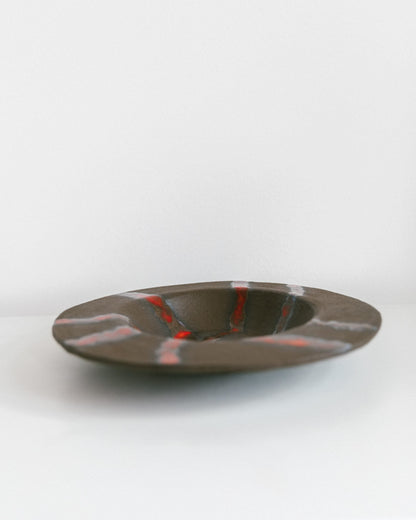 Red, signed and partially glazed studio ceramic fruit bowl in 60s 70s mid-century design vintage