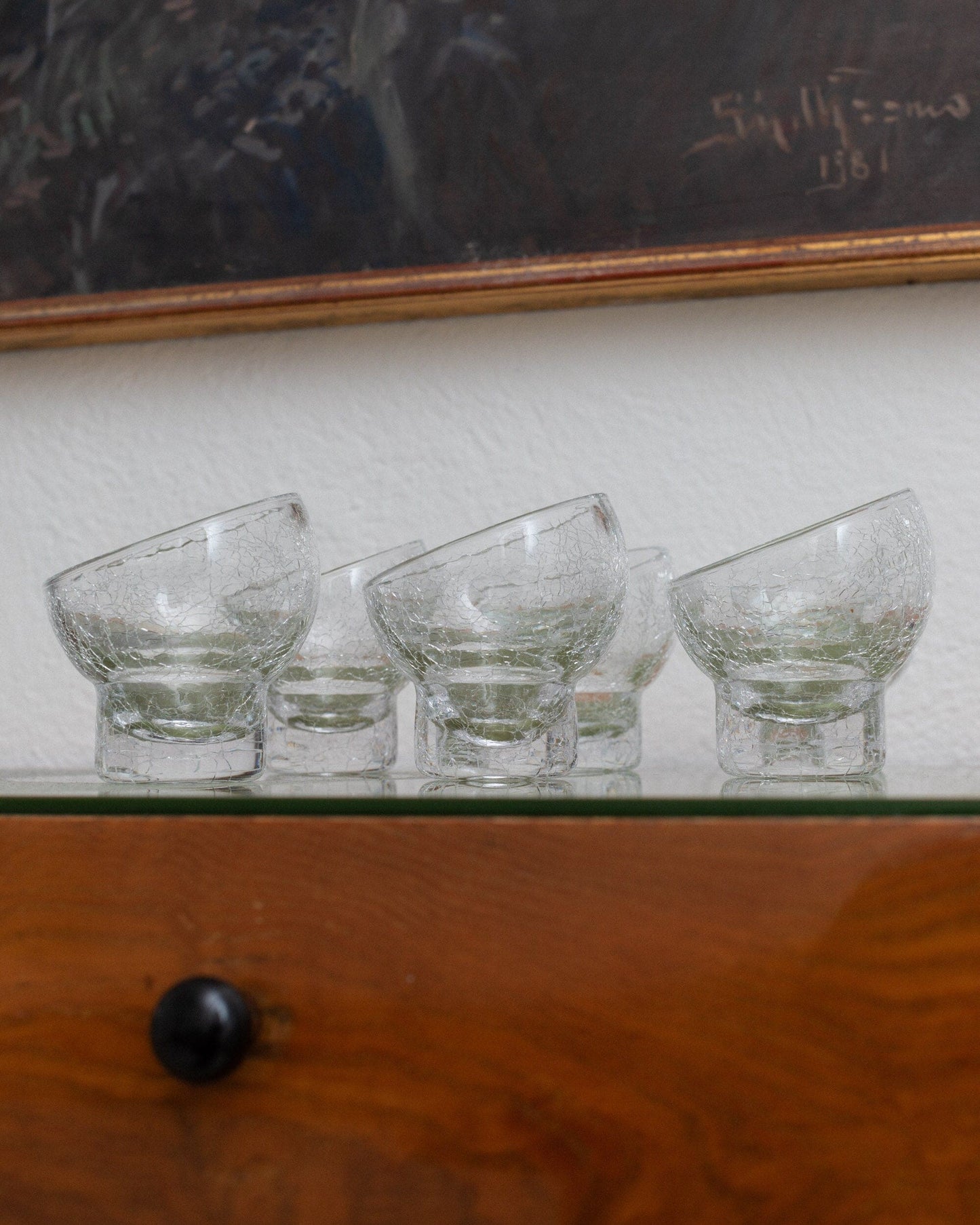 Set von 6 italienischen Cocktailgläsern Trinkgläser aus klarem Glas mit Craquelée Mid Century Design 1970er Vintage