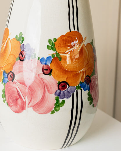 XL Zeh Scherzer vase en céramique fleur et motif à rayures forme bulbeuse peinte à la main design du milieu du siècle années 70 vintage