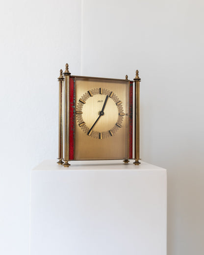 Atlanta Desk Clock Brass Standing Clock with Red Details 1970s Vintage