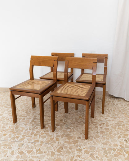 Ensemble de 4 chaises en bois, chaise de salle à manger, dossier design tressé viennois, fabriqué en Italie, vintage des années 1960