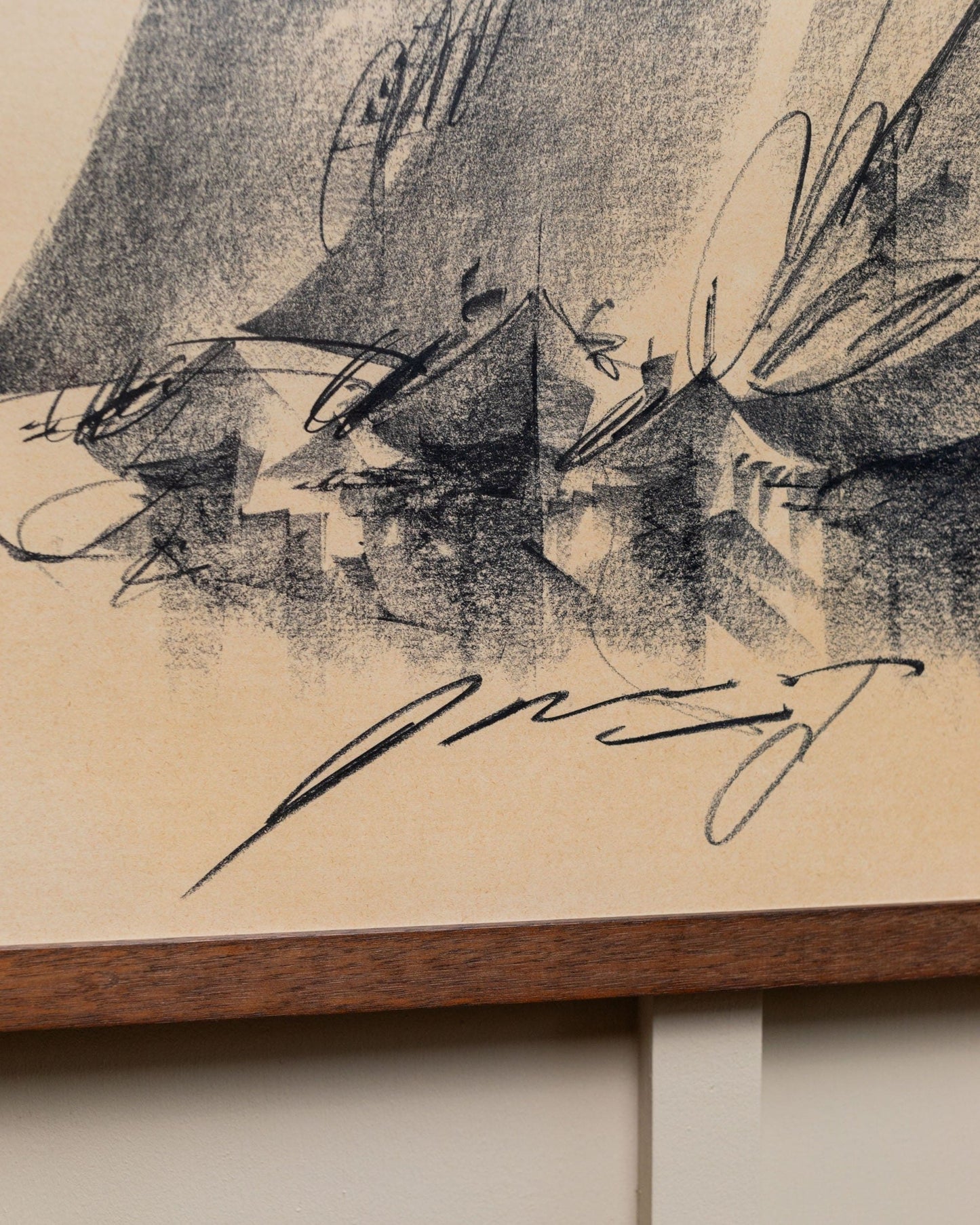 Original drawing Italy 1960s charcoal on paper sailing boats, abstract lines in wooden frame Mid Century Vintage