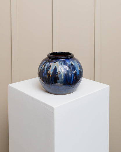 Vase en céramique danois par Hildegon Als glaçure bleu brun design du milieu du siècle du millésime des années 1960