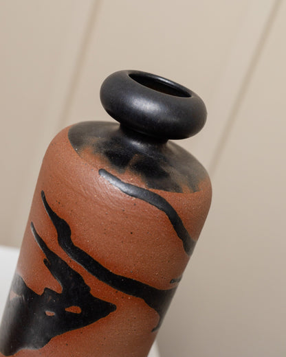 Set of 2 carafes with drinking cup, studio ceramics by Tristan Drechsler Brown stoneware with black blob glaze MCM 1970s vintage