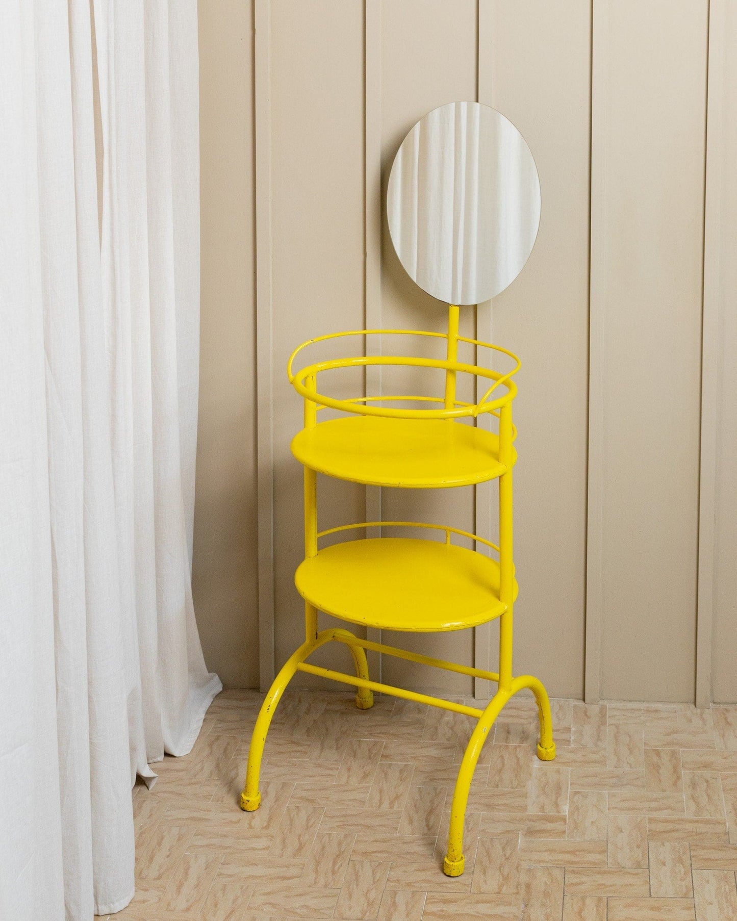 Metal side table with mirror 1960s multifunctional yellow shelf from Italy Vintage