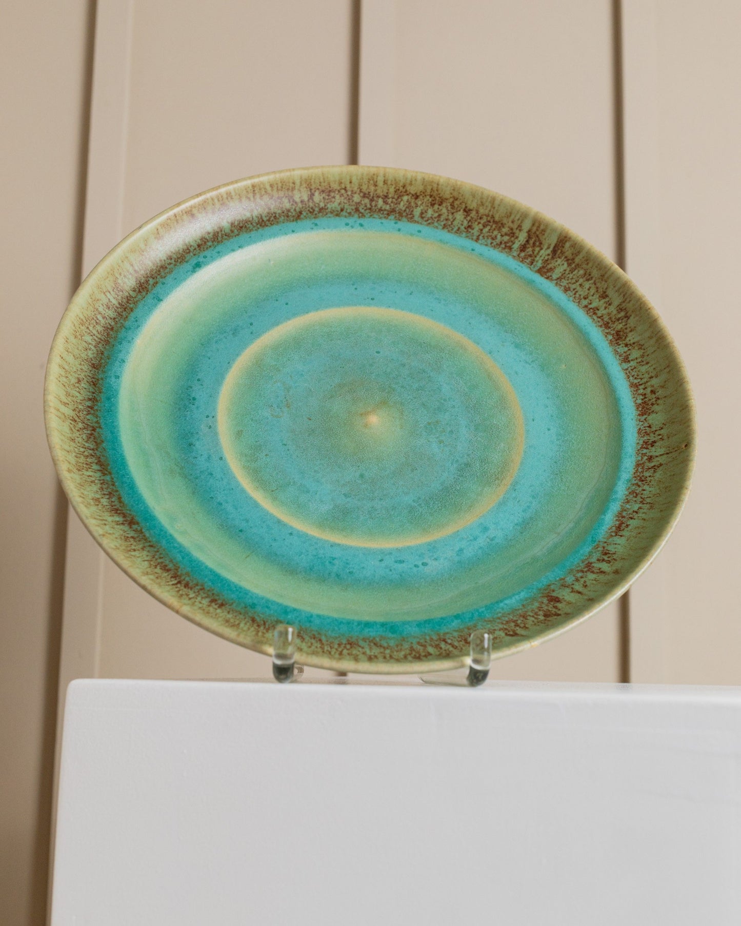 XL Studio Ceramic Bowl Organic Form Green Turquoise Gradient Glaze Mid Century Denmark 1970s Vintage