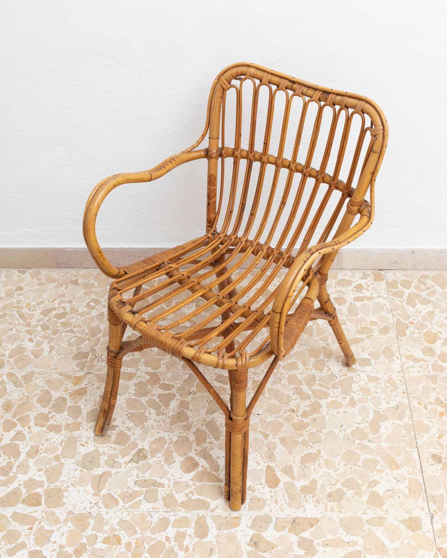 Fauteuil de salle à manger en osier en bambou et rotin style Floride fabriqué en Italie années 1970 vintage