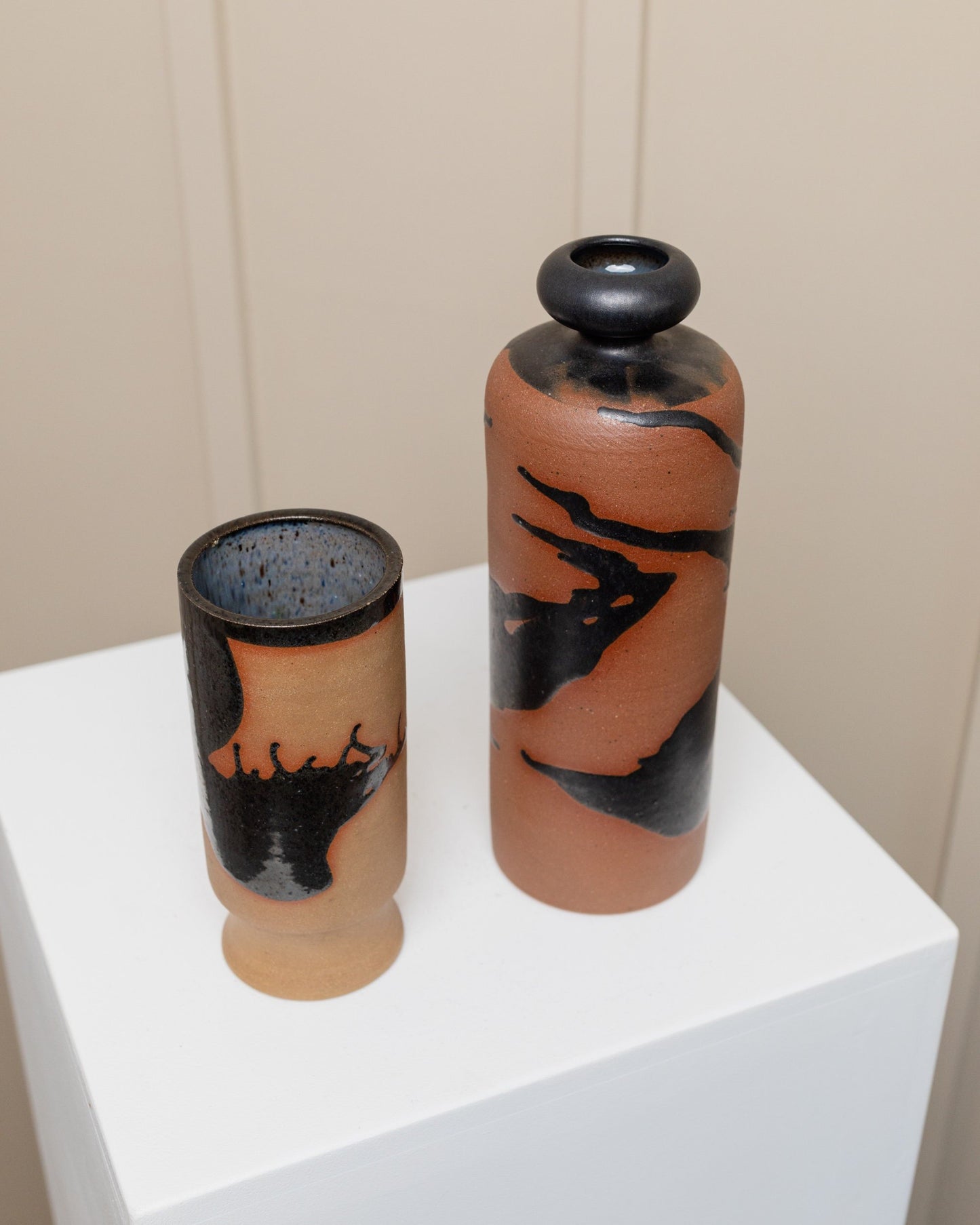 Set of 2 carafes with drinking cup, studio ceramics by Tristan Drechsler Brown stoneware with black blob glaze MCM 1970s vintage