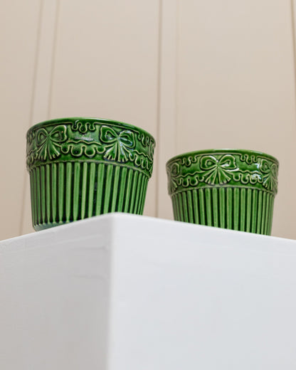 Set of 2 bay ceramic flowerpots model 603-14 green wave and flower relief West Germany 1980s vintage