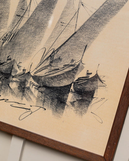 Original drawing Italy 1960s charcoal on paper sailing boats, abstract lines in wooden frame Mid Century Vintage