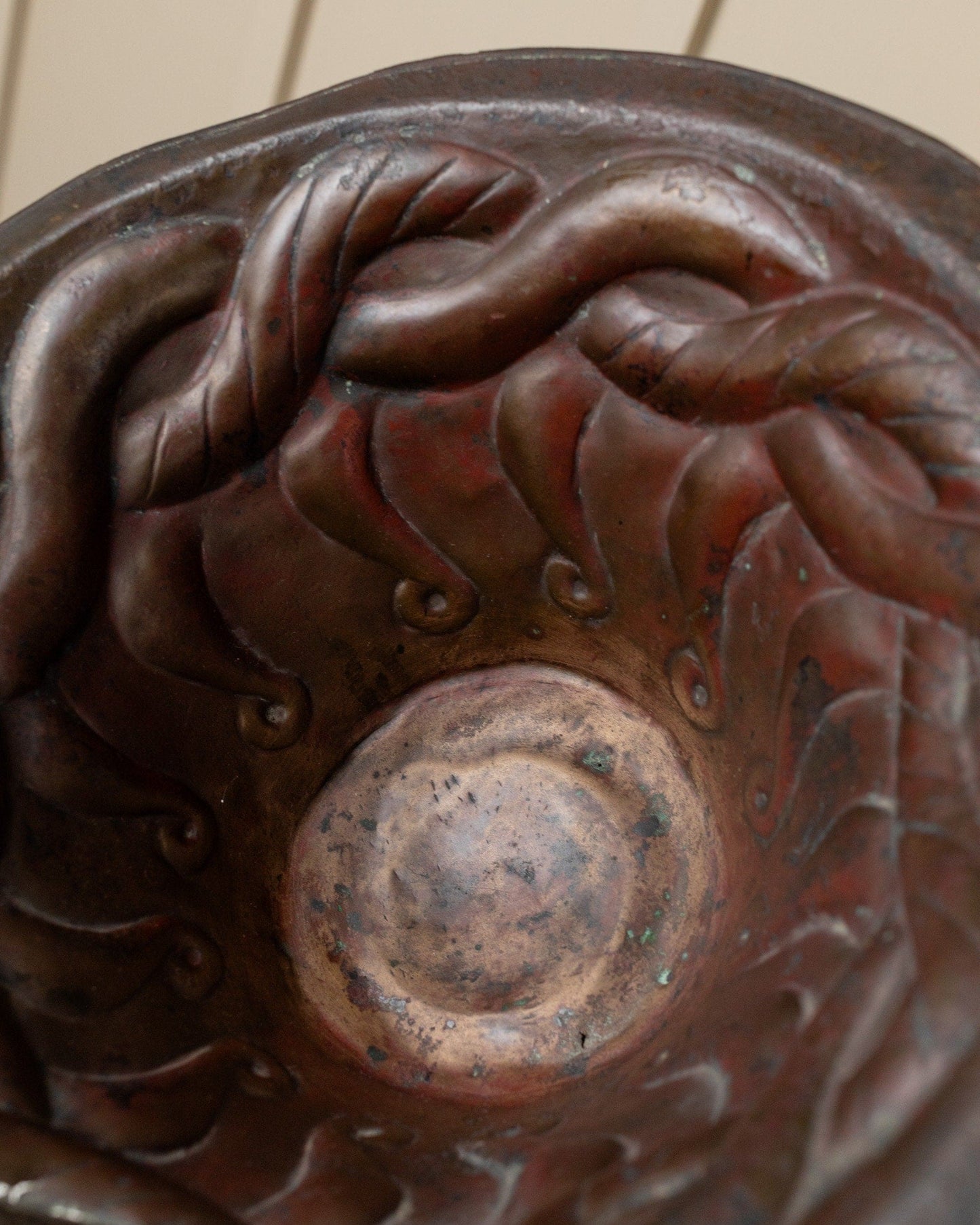 Antique fruit bowl hand carved copper with snake motif bowl for table decoration Italy 1900 Vintage