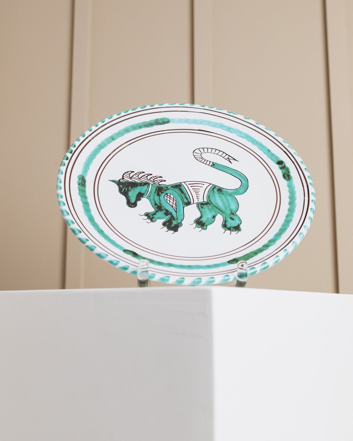 Ceramic plate hand painted plate lion dragon Italy Montalcino 1960s vintage