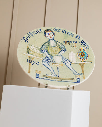 Werner Schmidt wall plate ceramic hand painted plate naive motif pottery Germany Pulsnitz 1970s vintage