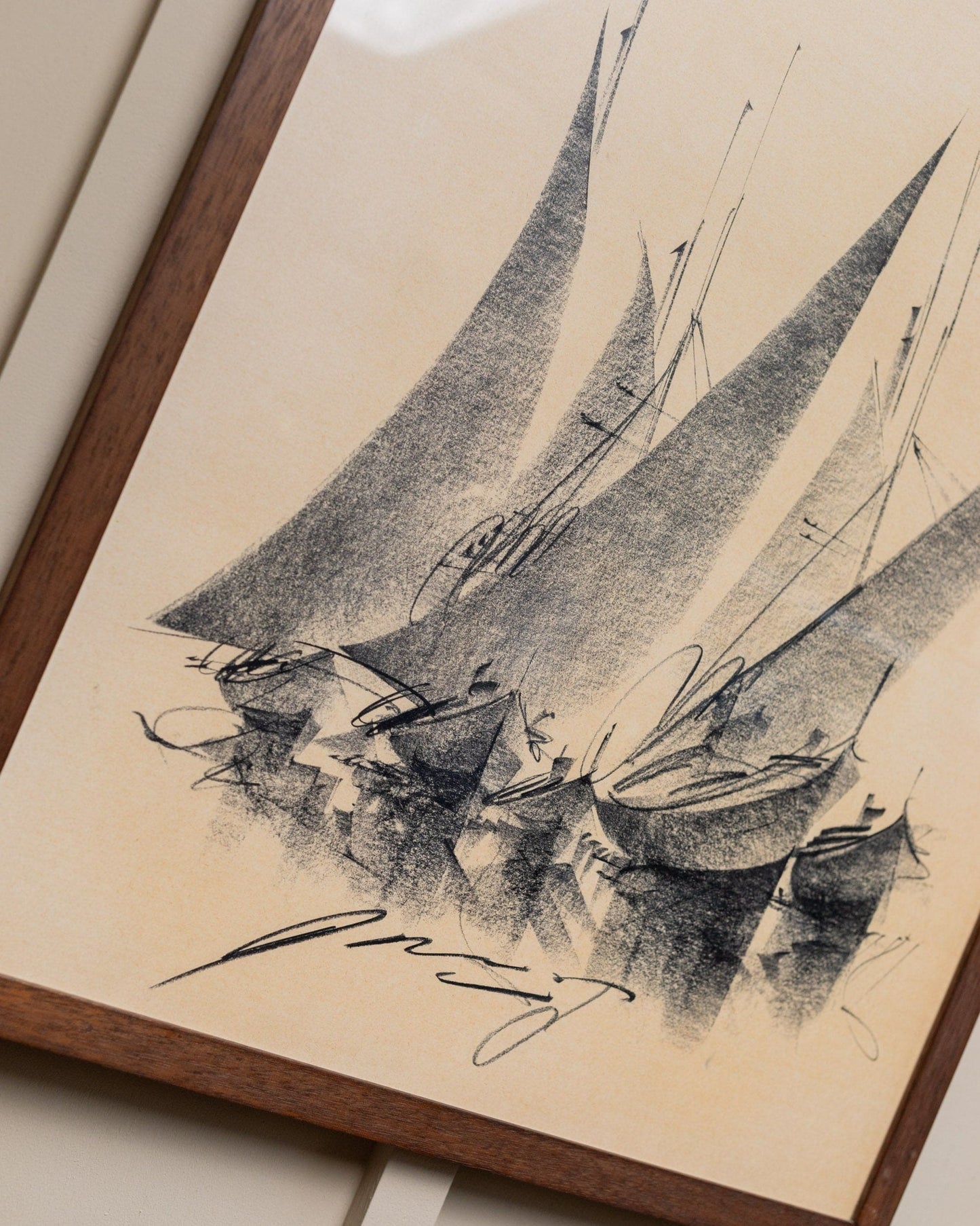 Original drawing Italy 1960s charcoal on paper sailing boats, abstract lines in wooden frame Mid Century Vintage