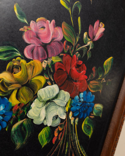 Peinture originale peinture à l’huile bouquet de fleurs couleurs dramatiques dans un cadre en bois original Italie années 1960 vintage