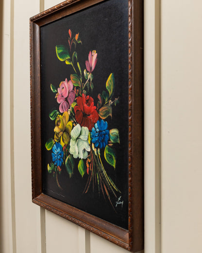 Original painting oil painting bouquet of flowers dramatic colors in original wooden frame Italy 1960s vintage