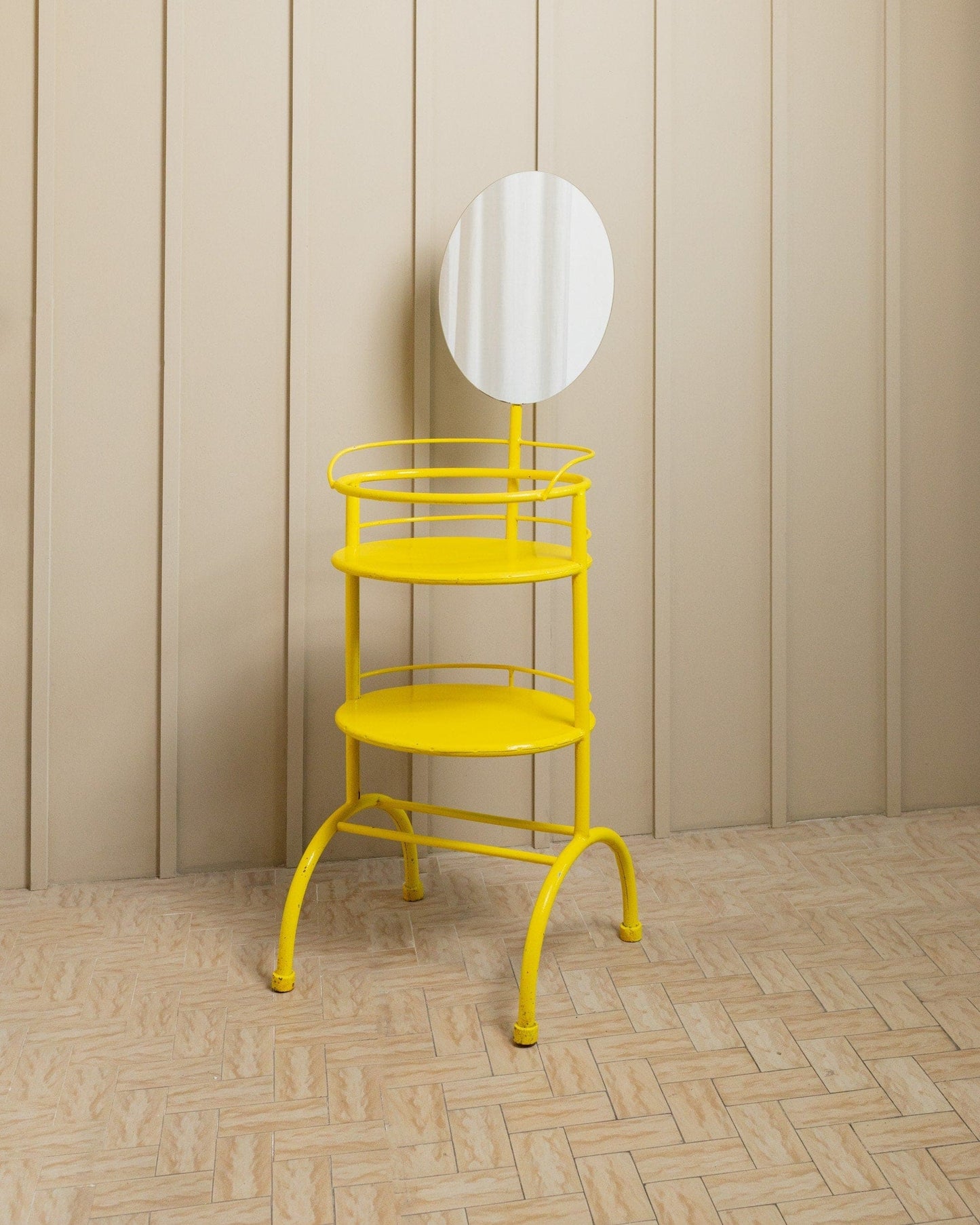 Metal side table with mirror 1960s multifunctional yellow shelf from Italy Vintage