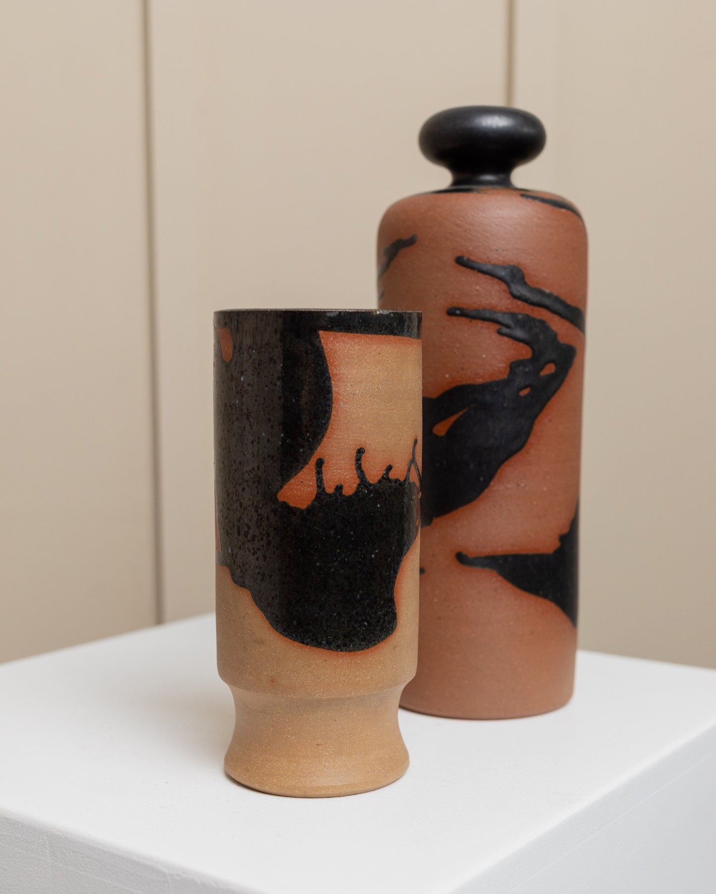 Set of 2 carafes with drinking cup, studio ceramics by Tristan Drechsler Brown stoneware with black blob glaze MCM 1970s vintage