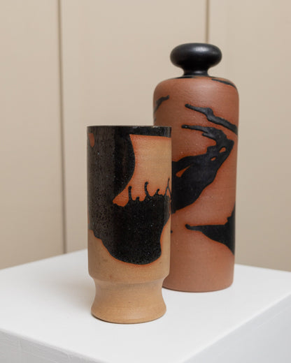 Set of 2 carafes with drinking cup, studio ceramics by Tristan Drechsler Brown stoneware with black blob glaze MCM 1970s vintage