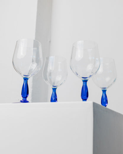 4 wine glasses from Italy 1980s set of 2 drinking glasses royal blue elegant design, high quality MCM Vintage