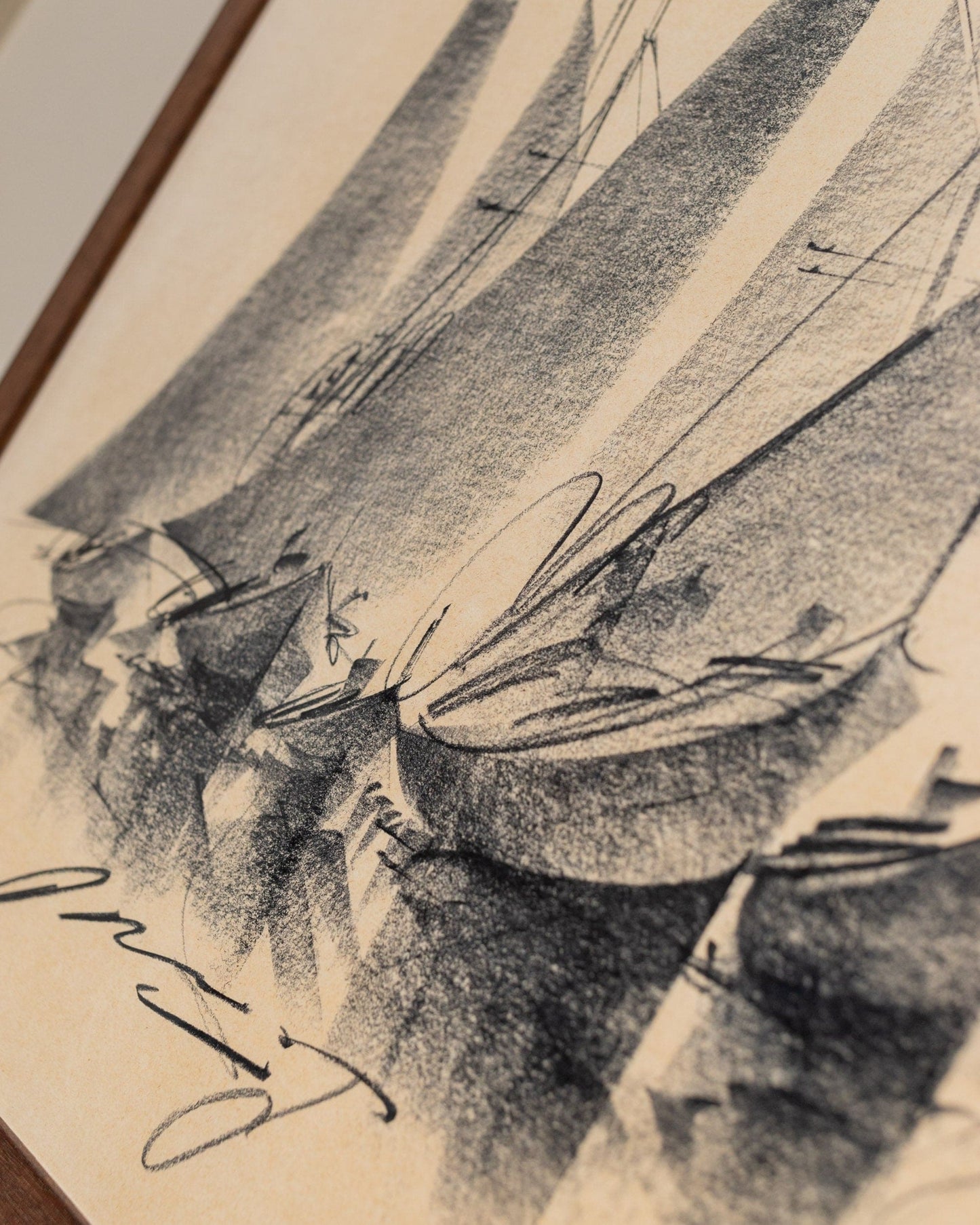 Original drawing Italy 1960s charcoal on paper sailing boats, abstract lines in wooden frame Mid Century Vintage