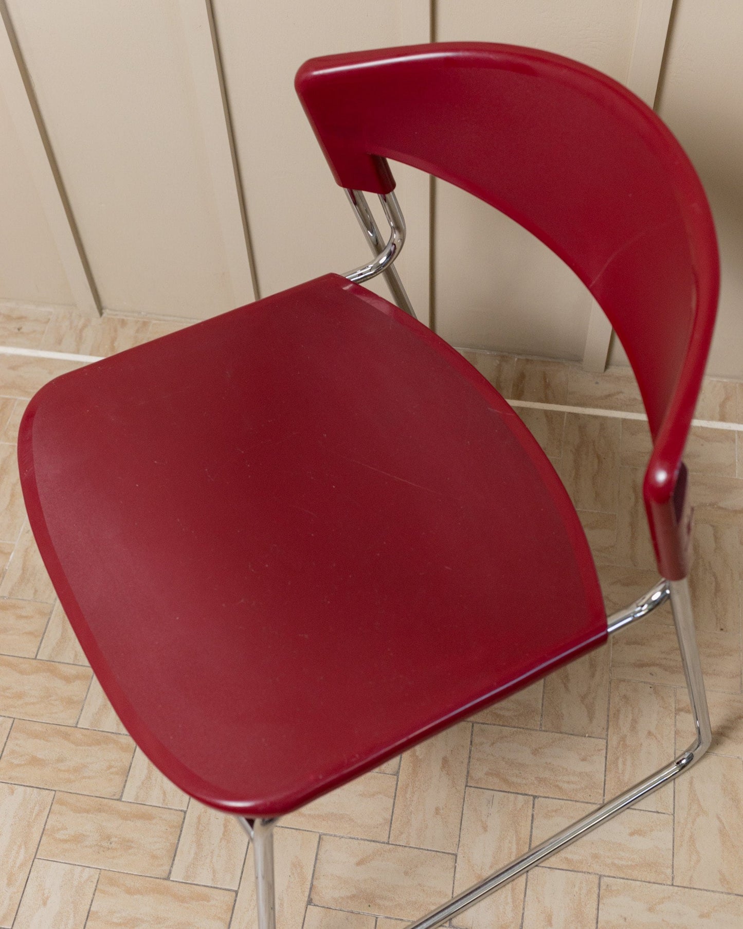 Stacking chair by Paolo Favaretto for Assisa Italy 1986 Chrome and plastic in red design classic vintage