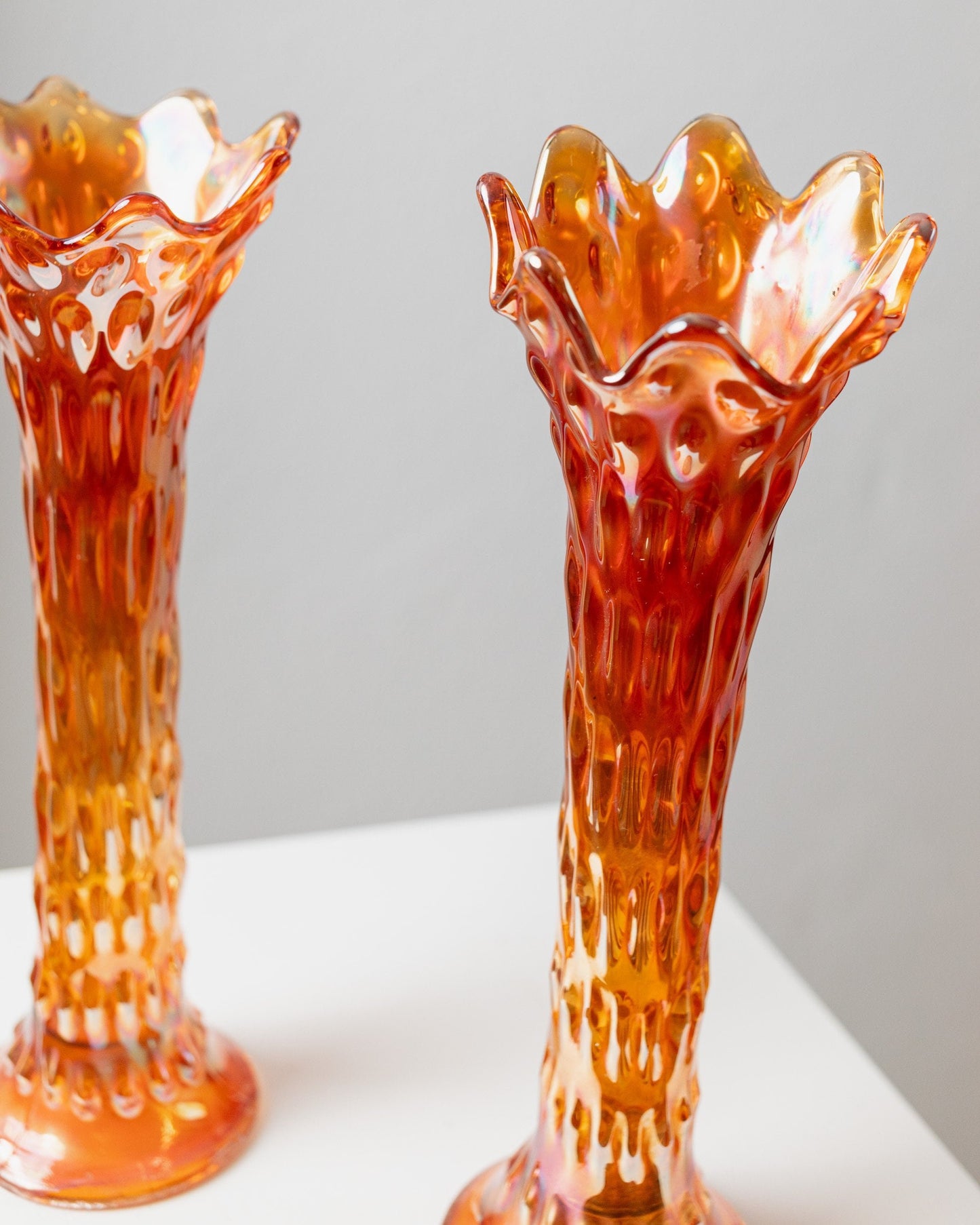 Set of 2 antique Fenton vases orange iridescent Marigold Carnival glass flower vases Italy 1930s vintage