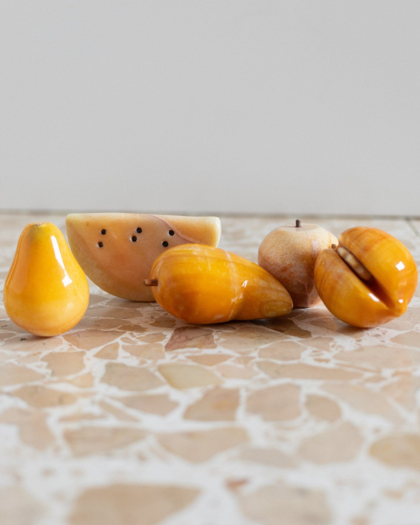 Set of 5 alabaster fruits yellow stone fruit handmade Mid Century Design Italy 1970s Vintage