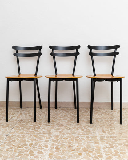 Set of 3 Italian Mid Century Chairs Black Steel and Wood Stackable Made in Italy 1970s Vintage