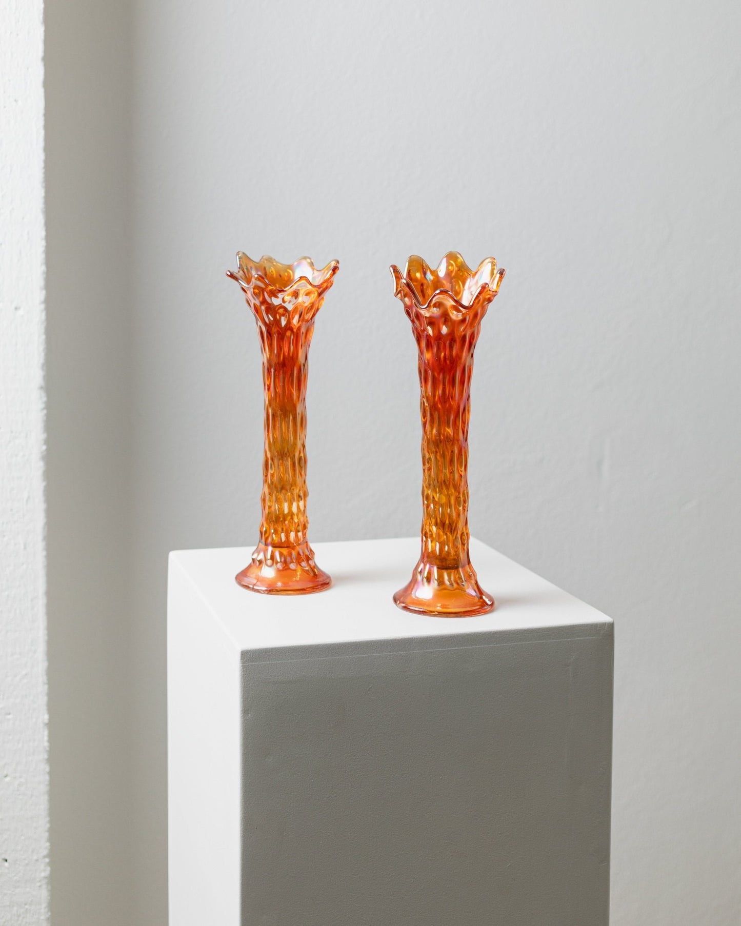 Set of 2 antique Fenton vases orange iridescent Marigold Carnival glass flower vases Italy 1930s vintage