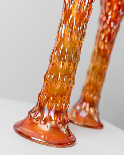 Set of 2 antique Fenton vases orange iridescent Marigold Carnival glass flower vases Italy 1930s vintage