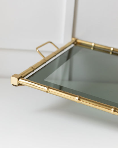 Gold Plated Bamboo Tray with Smoked Glass Bamboo Design Hollywood Regency 1960s Vintage