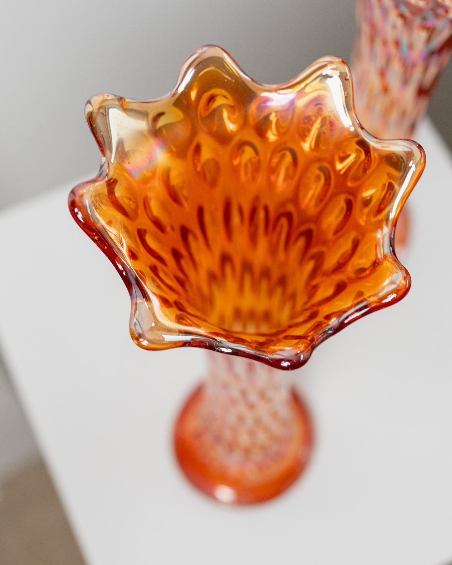 Set of 2 antique Fenton vases orange iridescent Marigold Carnival glass flower vases Italy 1930s vintage