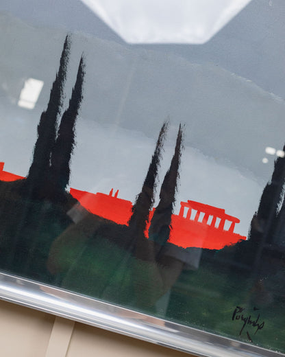 Peinture Vittorio Postiglione pièce unique acrylique sur toile cadre en bois original motif argent Rome skyline Italie années 1980 vintage