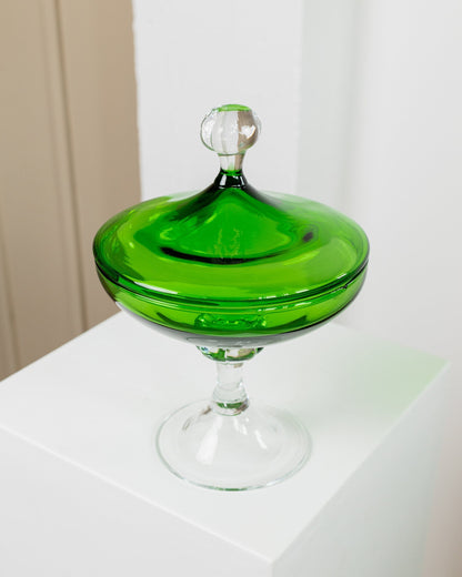 Bol à bonbons en verre de Murano années 1970 Verre vert et clair avec couvercle et pied Verre italien Art vintage