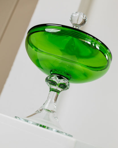 Murano Glass Candy Dish 1970s Green and Clear Glass With Lid and Foot Italian Glass Art Vintage